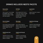 Lista de drinks inclusos em pacote de barman para festa: Moscow Mule, Gin Tônica, Aperol Spritz, Sex on the Beach, Piña Colada e Caipirinhas (Morango, Limão, Maracujá).