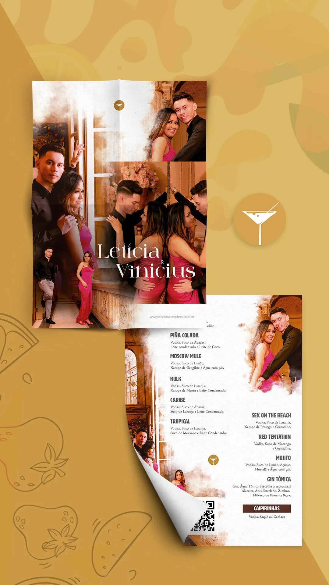 Exemplo de personalização de cardápio de drinks para casamento