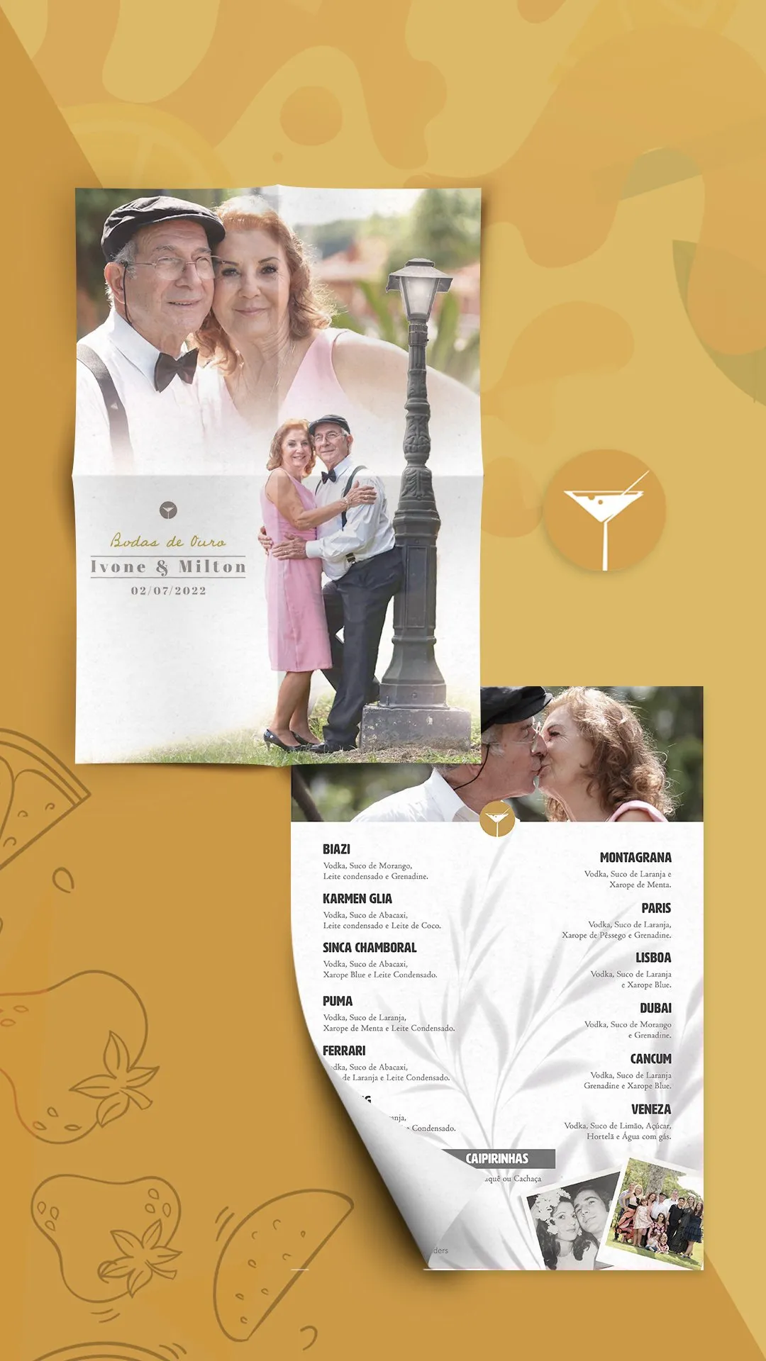 Exemplo de personalização de cardápio de drinks para Bodas de Ouro