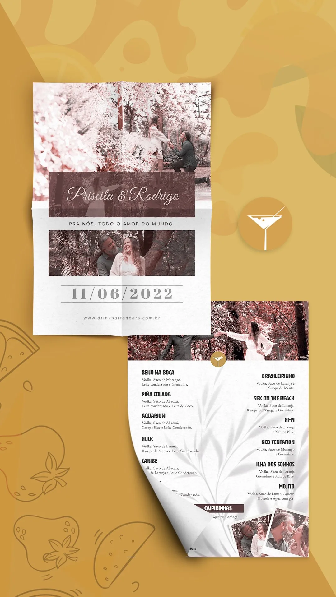 Exemplo de personalização de cardápio de drinks para casamento
