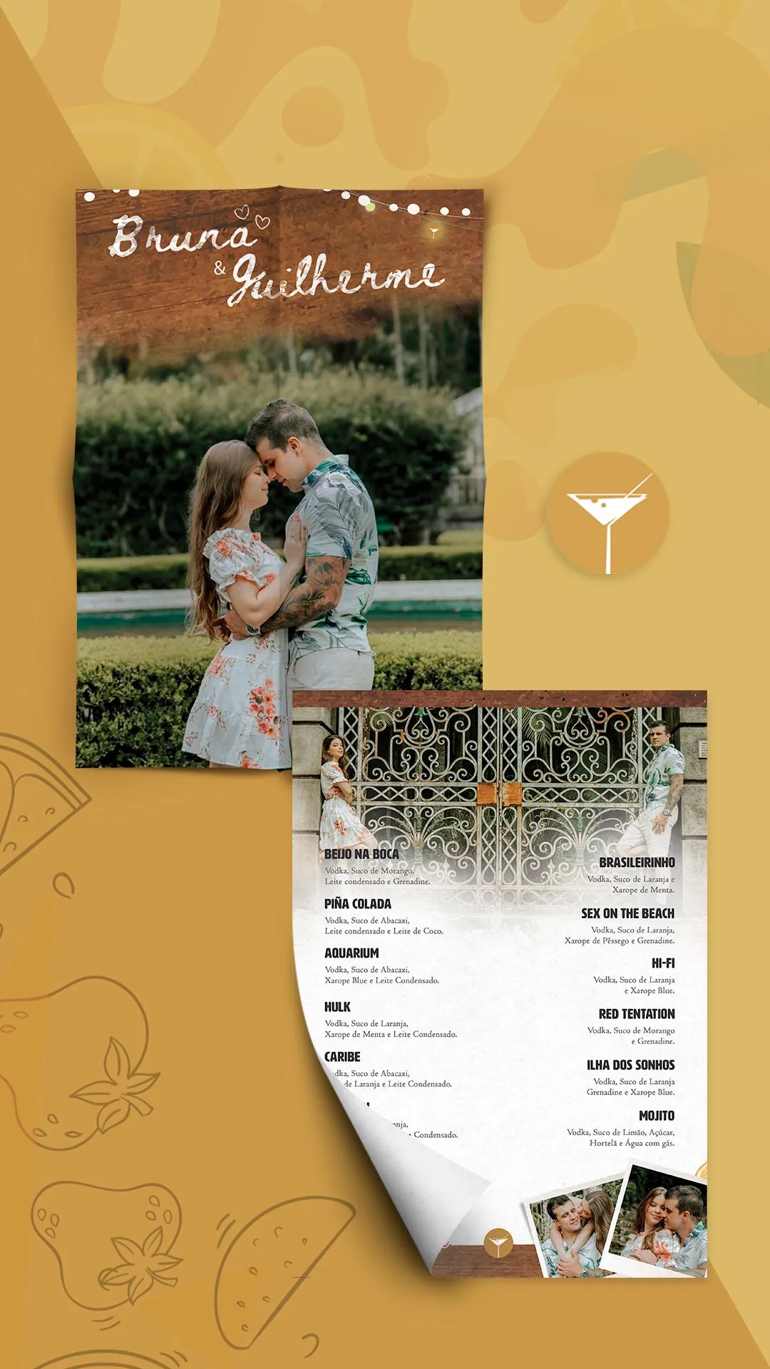 Exemplo de personalização de cardápio de drinks para casamento
