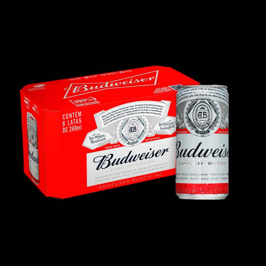 Caixa de cerveja budweiser american larger pack com 8 latas de 269 ml.