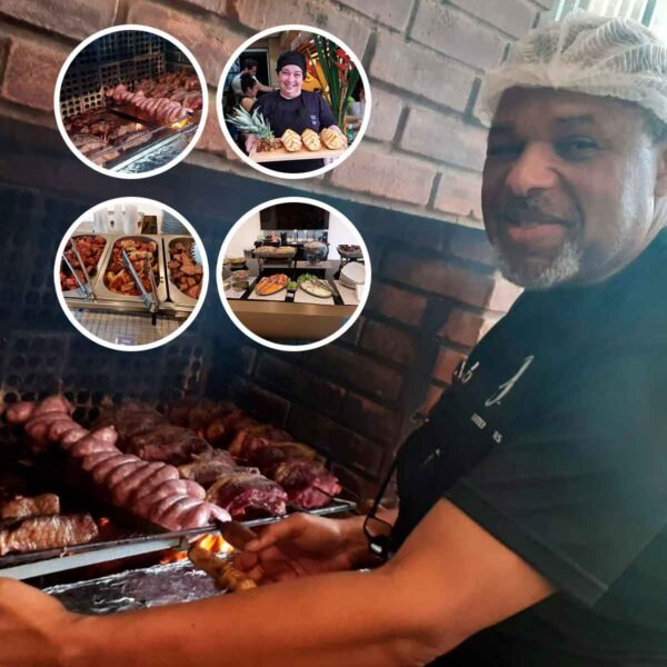Churrasqueiro trabalhando em um festa em sao paulo, ele está em frente a churrasqueira assando as carnes. Na imagem há 4 circulos com imagens da prestação do serviço como a organização da mesa com rechaud e uma ajudante servindo abacaxi grelhado