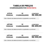 Tabela de preços de serviço de churrasqueiro para festa em São Paulo, mostrando valores a partir de R$ 350 para eventos de até 60 pessoas.
