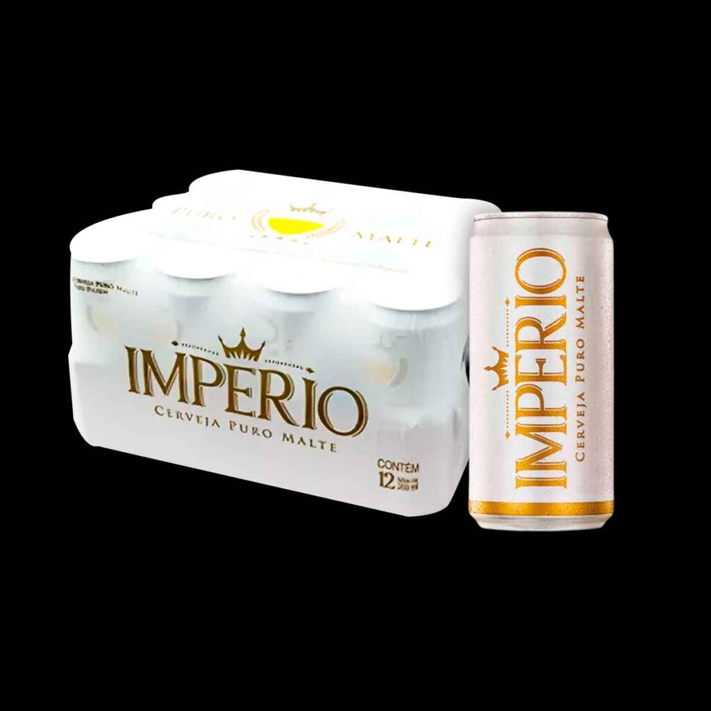 Caixa de cerveja Império 269 ml pack com 15 latas. A frente da caixa ao lado direito tem uma lata de cerveja