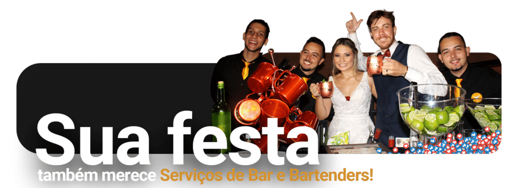 Propaganda de serviços de Bar e Bartenders. A imagem mostra os noivos no bar segurando duas canecas de Moscow Mule no bar de casamento