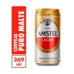 Lata de Amstel Puro Malte 269ml a direita e ao lado esquerdo uma etiqueta exibindo 269 ml e na vertical "cerveja puro malte