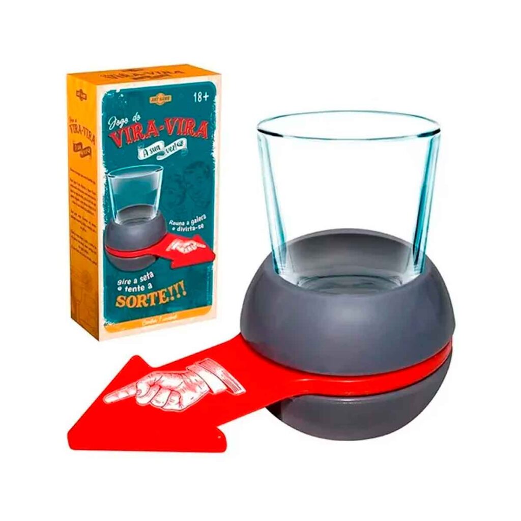 Jogo Vira Vira – Jogo de bebida para festas, onde os participantes giram a seta para decidir quem bebe um shot. Diversão garantida para adultos em encontros e happy hours.