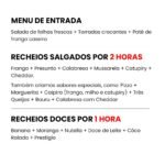 Cardápio de buffet de crepe para festa em São Paulo com opções de recheios salgados como frango e catupiry, e recheios doces como Nutella e morango.