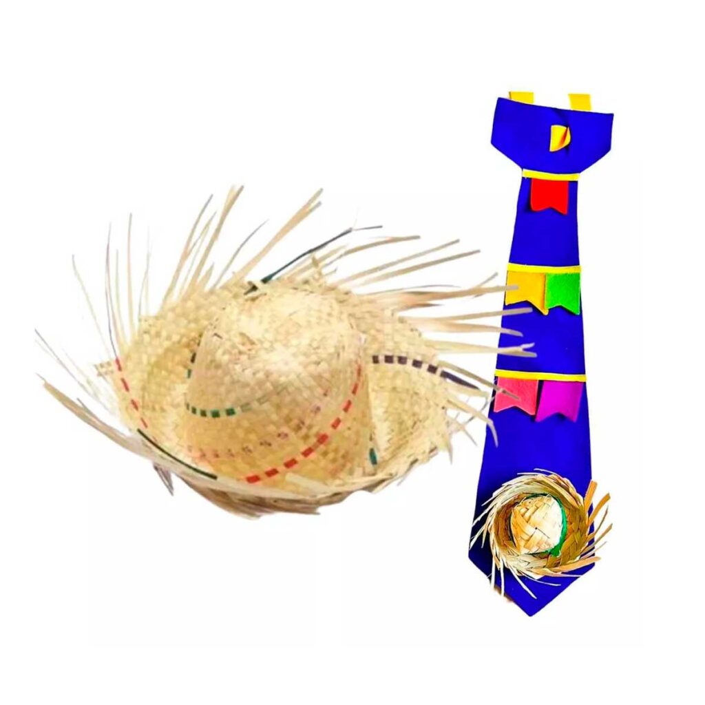 Kit com chapéu de palha desfiado e gravata colorida decorada com bandeirinhas para festa junina adulto