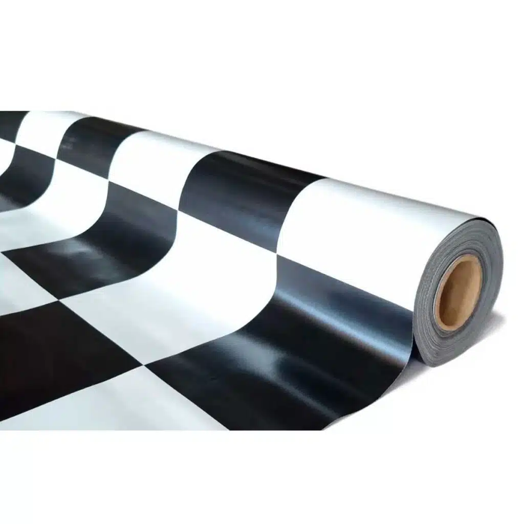 Rolo de tapete vinílico xadrez preto e branco para pista de dança de festa em casa.