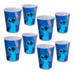 Kit com oito copos descartáveis azuis com a ilustração do personagem Stitch.