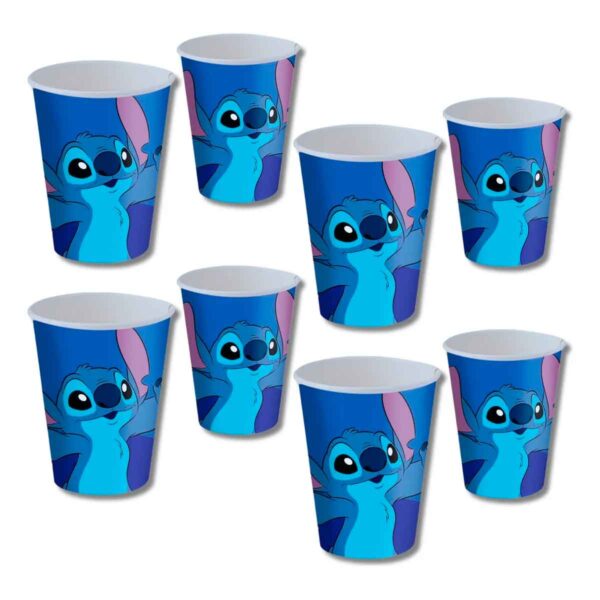Kit com oito copos descartáveis azuis com a ilustração do personagem Stitch.