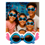 Quatro crianças sorrindo e usando óculos temáticos do Stitch, com um par de óculos do Stitch em destaque na parte inferior. Ao fundo, uma decoração de festa de aniversário com o tema Stitch.