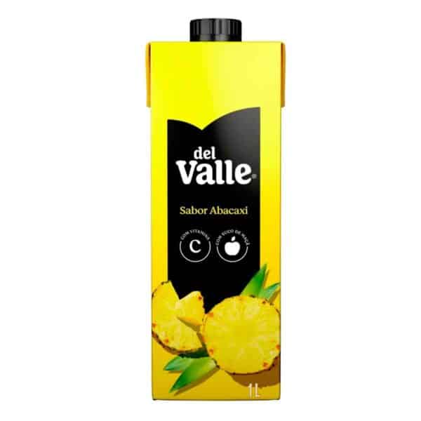 Suco de Abacaxi Del Valle Néctar 1L em embalagem cartonada amarela com ilustração de abacaxis.