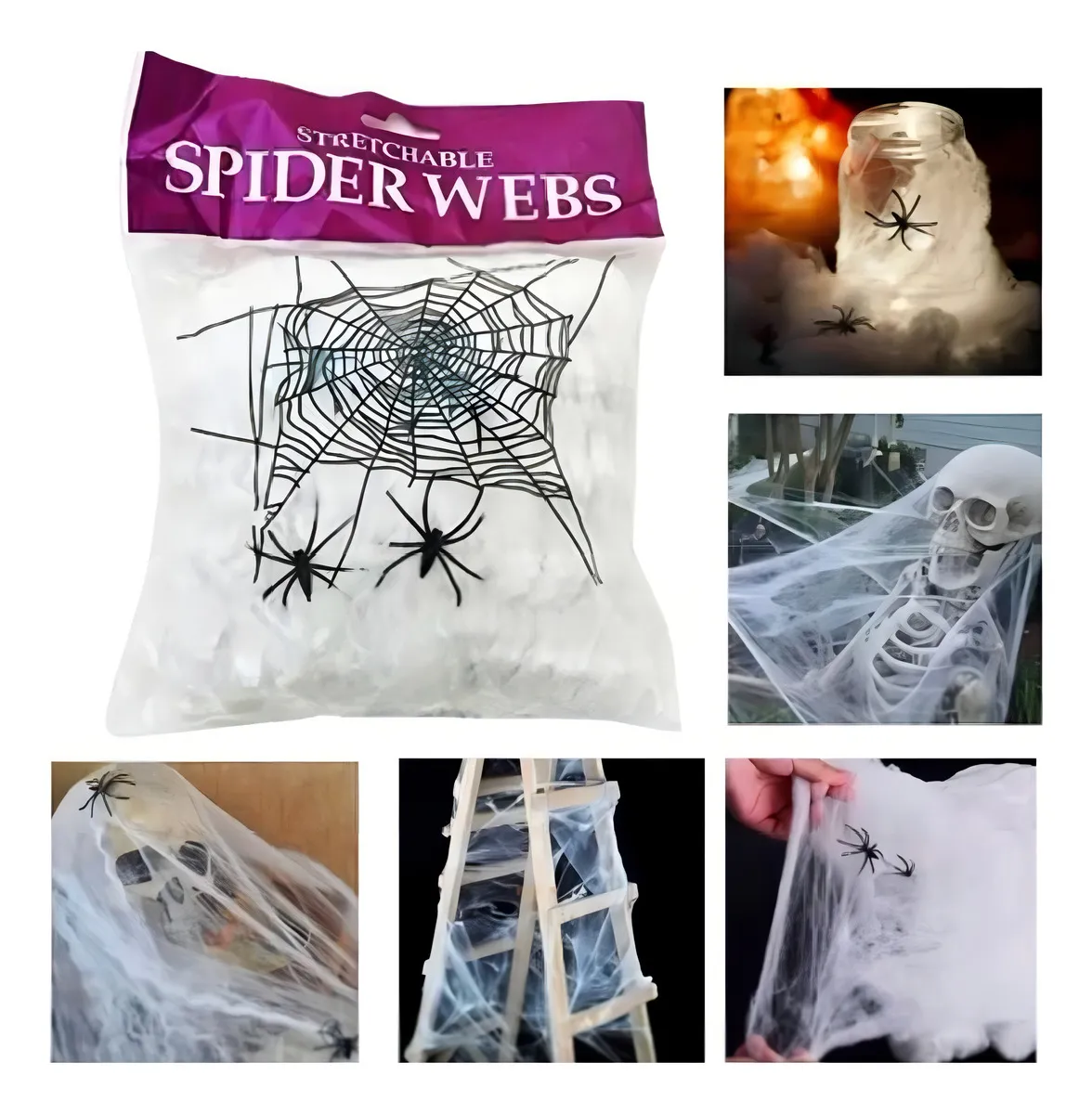 D_NQ_NP_2X_803932-MLA79583590264_102024-F.webp Kit Teia de Aranha Halloween — 5 Teias Brancas + 10 Aranhas Decorativas - Imagem 3