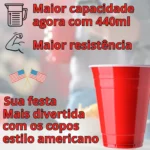 50 Copos Americano Descartável Beer Pong Vermelho Red 440ml Vermelho