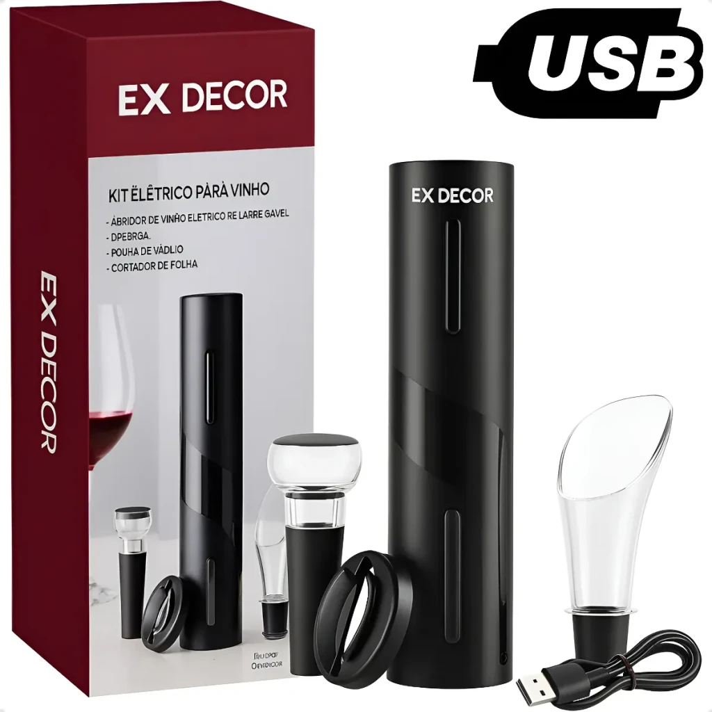 Saca Rolhas Abridor De Vinho Automático Elétrico Recarregavel Usb Marca Ex Decor Saca Rolhas Abridor De Vinho Automático Elétrico Recarregavel Usb Marca Ex Decor