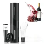 Abridor De Vinho Elétrico Saca Rolhas Automático Com Cortador E Bico Dosador Kit 4 Peças Design Moderno Cor Preta