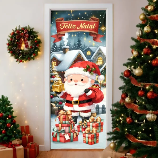 Capa De Porta De Natal Decorativo Aquarela Sublimado Para Decoração Natalina 0,85x2,10m Veste Fácil