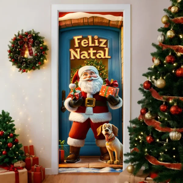 Capa De Porta De Natal Em Tecido Papai Noel Para Decoração Casa Home Decor 0,85x2,10m Veste Fácil