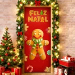 Capa De Porta De Natal Decoração Natalina Sublimado 0,85x2,10m Veste Fácil Decorativo P/ Casa Tecido