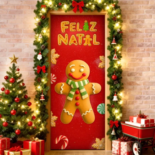 Capa De Porta De Natal Decoração Natalina Sublimado 0,85x2,10m Veste Fácil Decorativo P/ Casa Tecido