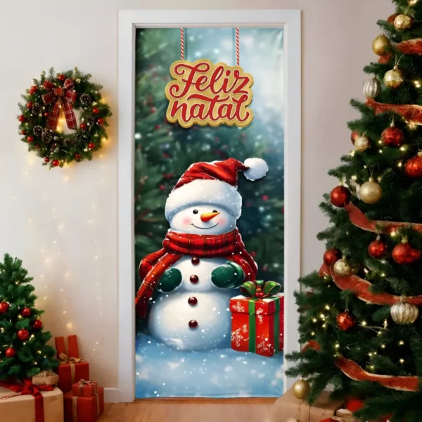 Capa De Porta Painel Decorativo Natal Boneco De Neve Sublimado 0,85x2,10m Veste Fácil