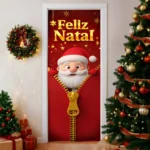 Capa De Porta Decorativa Natal Papai Noel Decoração Natalina Em Tecido 0,85x2,10m Veste Fácil Enfeite De Natal