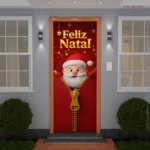 Capa De Porta Decorativa Natal Papai Noel Decoração Natalina Em Tecido 0,85x2,10m Veste Fácil Enfeite De Natal