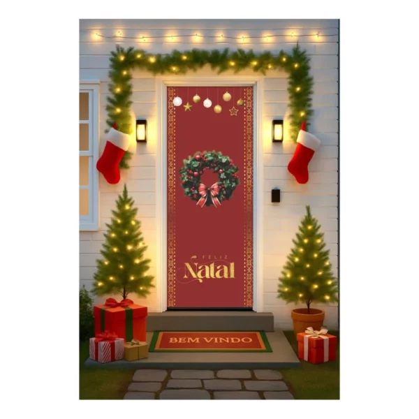 Capa De Porta Natal Decoração De Casa 0,85mx2,10m C/ Elástic