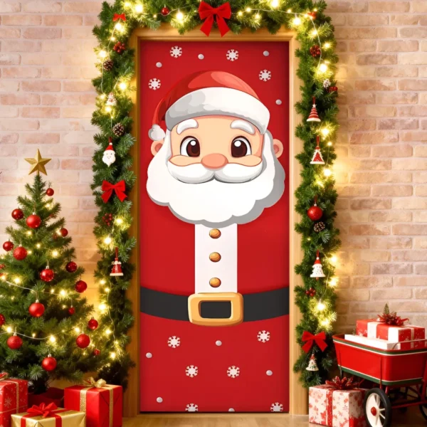 Capa De Porta Natalino Painel Decorativo Papai Noel Em Tecido 0,85x2,10m C/Elástico