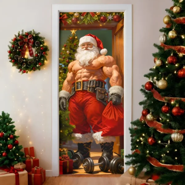 Capa De Porta Natalina Decoração De Natal Banheiro Masculino Em Tecido Decorativo P/academia 0,85x2,10m C/elástico