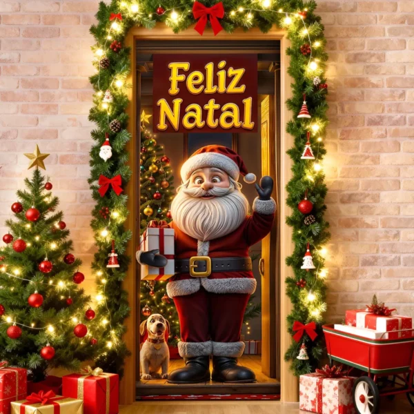 Capa De Porta Natalino Painel Papai Noel Decorativo Em Tecido 0,85x2,10m C/elástico