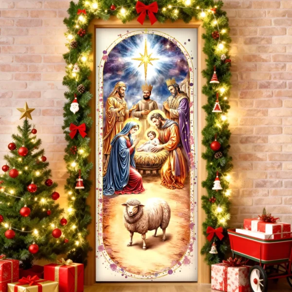 Capa De Porta Presépio Natalino Decoração de Natal Religioso Em Tecido C/Elástico 0,85x2,10m