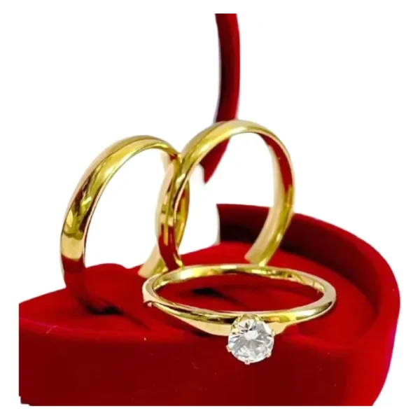 Par Alianças Banhada À Ouro 18k Casamento + Anel De Noivado