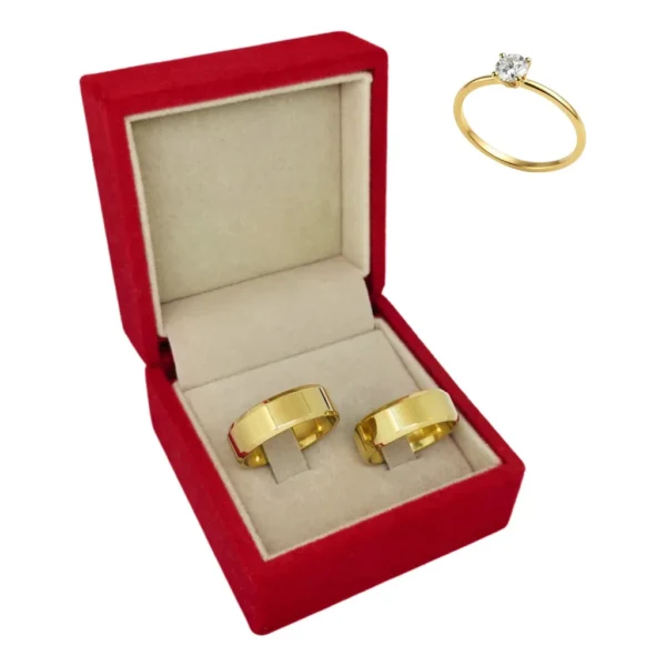 Par Aliança Casamento Chanfrada 7mm Aço Banhada + Solitário