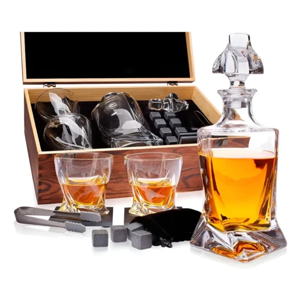 Decanter Whisky Conjunto Garrafa Com 2 Copos Caixa Madeira