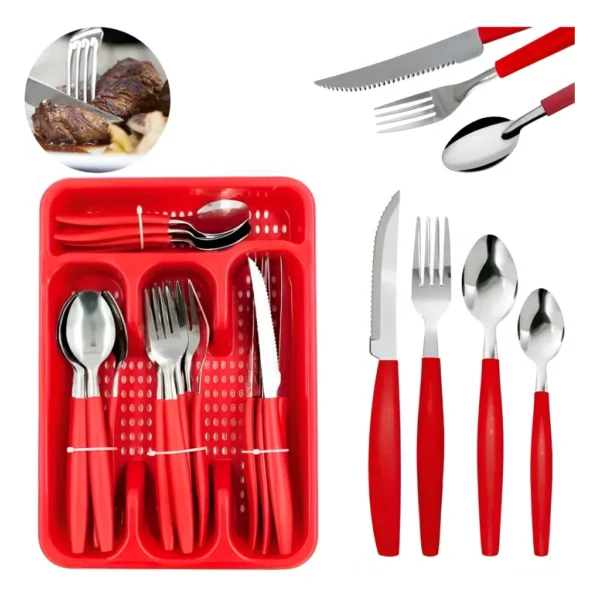 Eps-25p Conjunto Faqueiro 25 Peças Porta Talher Jogo De Talheres Vermelho