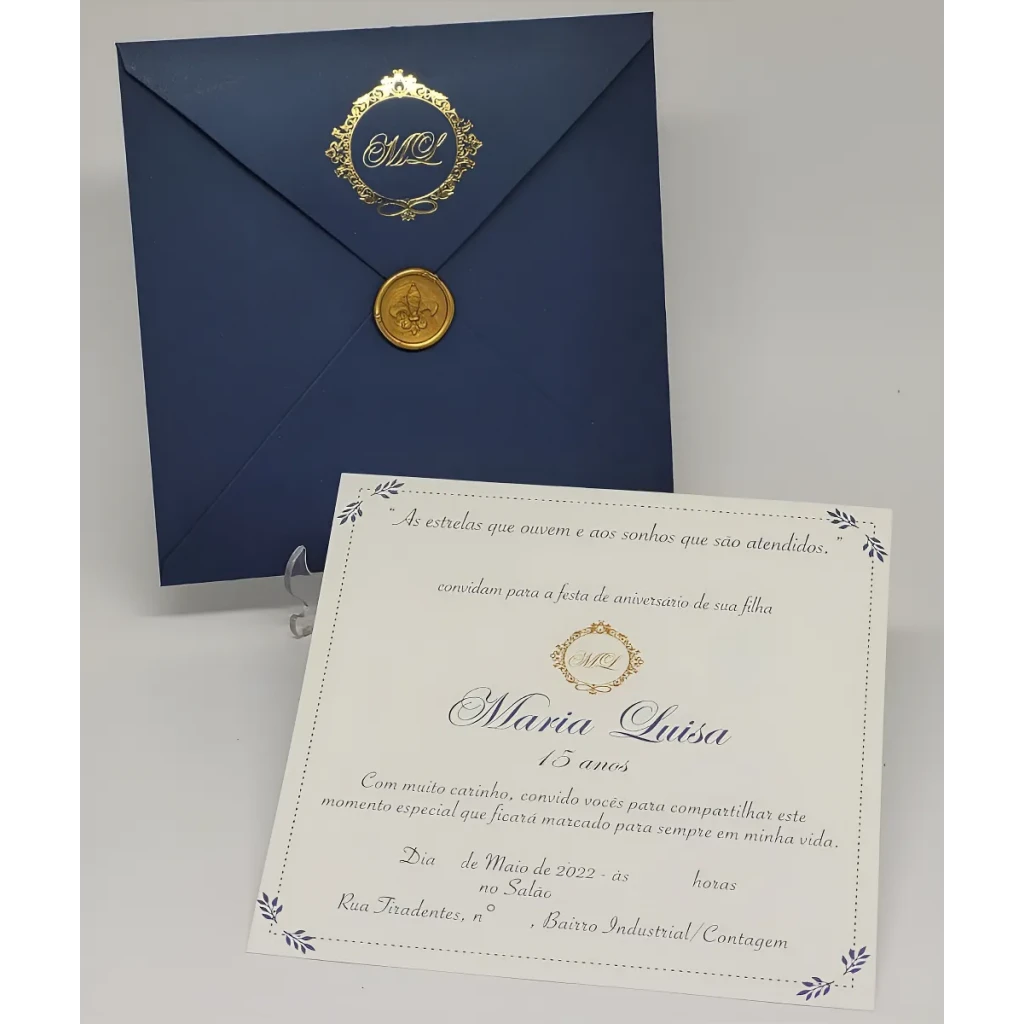 Convite 15 Anos Azul E Dourado Com Lacre De Cera Convite 15 Anos Azul E Dourado Com Lacre De Cera