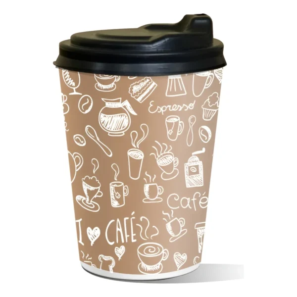 Copo Papel 180 Ml Descartável Arte Café C/tampa Bico - C/100