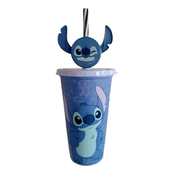 Copo com tampa canudo orelha lilo stitch personagem infantil 500ml plastico reforçado