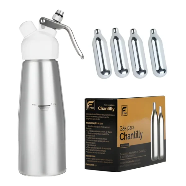 Garrafa Sifão Chantilly 500 Ml Kit Com 10 Cápsulas N2o Genuinos Prateado