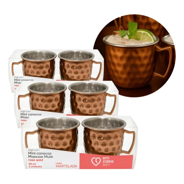 Jogo 6 Canecas Moscow Mule Rose Inox Martelada Drink Martelada