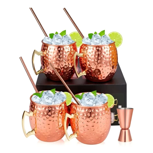 Kit 4 Canecas Moscow Mule + 4 Canudos + Dosador Cobre