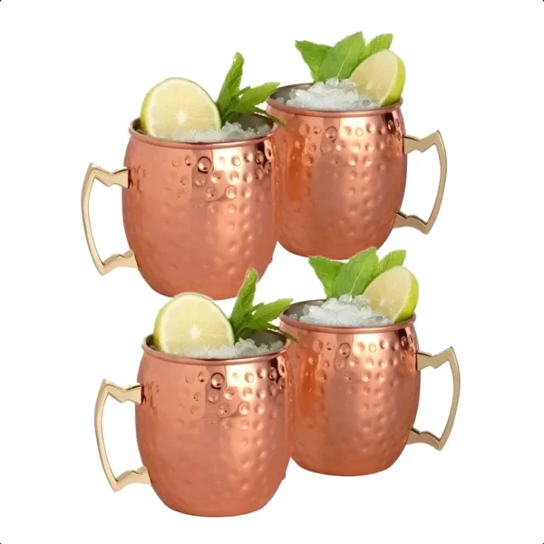 Kit 4 Canecas Moscow Mule Em Cobre Puro Martelada 500 Ml Impermeabilizada
