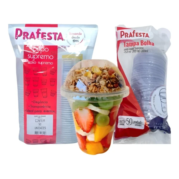 50un Kit Copo Supremo Cristal 200ml Com Tampa Bolha Sem Furo