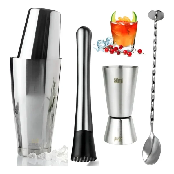 Kit Barman Coqueteleira Boston 820 Ml Profissional Drink Bar Cor Prateado