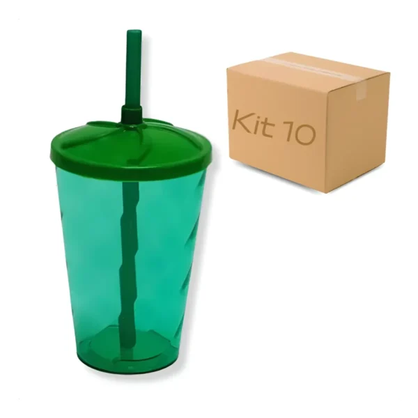 Kit 10 Copos Twister 300ml Liso Tampa Canudo Atacado Varejo