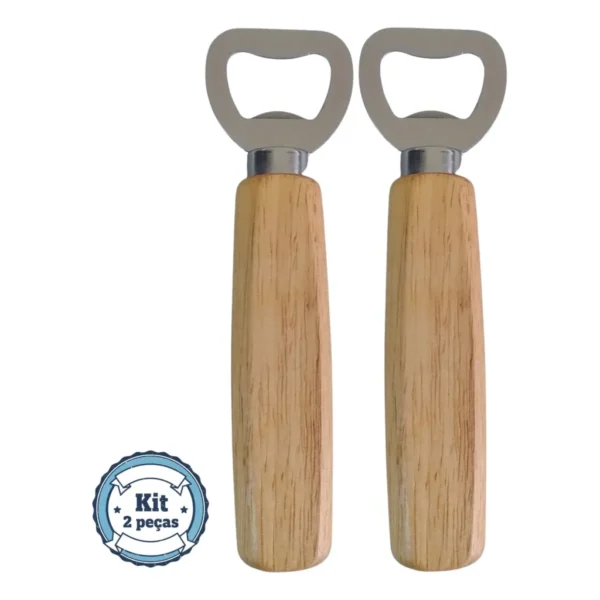 Kit 2 Abridores De Garrafa Cerveja Com Cabo Madeira Bar 14cm Madeira Clara